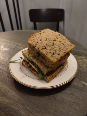 One of the vegan sandwiches offered that day with tempeh, peanut butter, sambal olek, Rucola and cucumber at STOR - Bracka in Warsaw