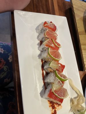 I forget what this roll was, but it was excellent. They call the tofu inside “hot,” but I found it just pleasantly tangy. I really enjoyed the hyper-thin lime slice on top.  at Dragon King's Daughter in Louisville