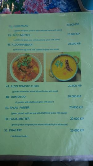 Menu at Chennai in Luang Prabang