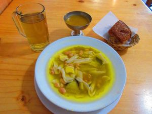 Sopa Criolla with bread, dessert and drink at Sabor y Vida in Lima