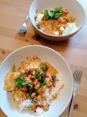 Red Thai Curry and Tandoori Tempeh with rice at Dishidrop in Sheffield