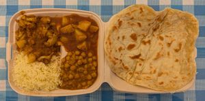 Curry Special with Aloo Bhaji, Aloo Gobi, and Chana Masala at India Chaat House - Food Truck in Beaverton