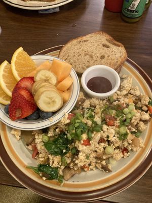 superhero scramble with toast and fruit cup  at Junior's Cafe in Portland