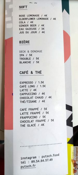 Drinks menu at Putsch in Montreuil