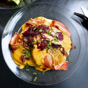 Pancakes w/bacon and cheddar at Putsch in Montreuil