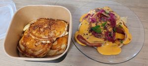 Plain pancakes and salted (cheese & bacon) pancakes. at Putsch in Montreuil