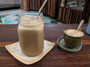 Horchata on the left, Macchiato on the right. at Elela in Valladolid