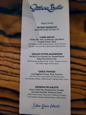 Vegan four-course August 2022 (staff says menu changes out regularly) at Southern Belle in Atlanta