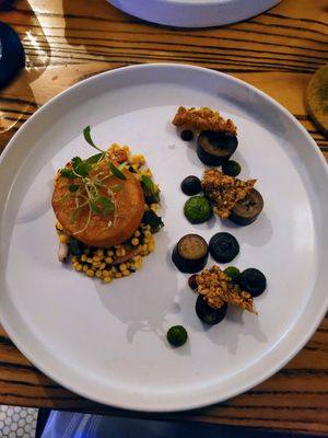 Third course: eggplant, couscous, garlic/chickpea fried patty, harissa, and some other Israeli flavors at Southern Belle in Atlanta