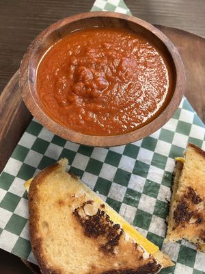 Tomato bisque and grilled cheese  at Vegan Town in Johnson City