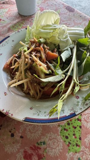 Som Tum Lao with vegan pala  at Mueang Daeng Vegan Food - เหมืองแดงอาหารเจ in Mae Sai