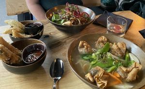Bowl with vegetables, tofu and peanuts, noodle soup en 2 side dishes. Very tasty!  at TA Vegan House in Hamburg
