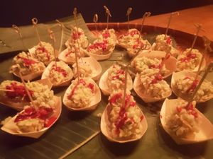 marinated soy strips in oatmeal dough ans delicious rasperry sauce at TA Vegan House in Hamburg