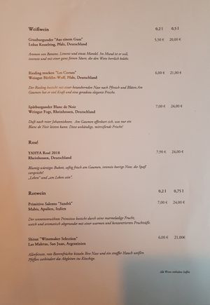 Wine menu at TA Vegan House in Hamburg