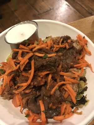 Daily Special- Tempeh Stew with Maple Balsamic Glazed Brussels Sprouts, Herbed Carrots, Yukon Gold Mashed Potatoes, Spinach and a Horseradish Cream.  at Laughing Planet Cafe - Ecotrust in Portland