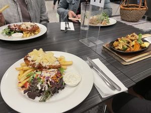 Vegan Parmies, chicken & cashew (gf) & pad Thai (gf) at Hotel Monier in Darra