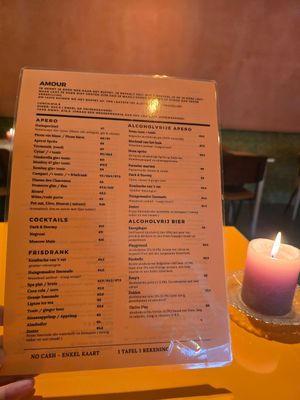 Part of drinks menu at Amour in Ghent