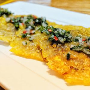 Fried Green Plantains (Vegan)(GF)- Homemade citrus mayonnaise, chimichurri sauce at Oyo in Pleasanton