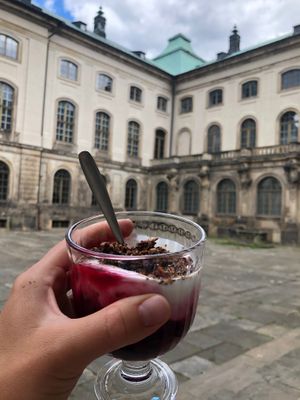 Granola breakfast in the inner garden at Palais Café in Dresden