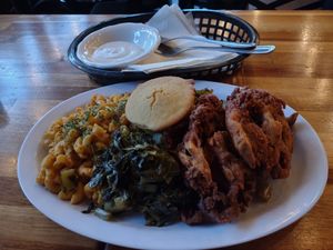 Soul Tray with mac n cheese,  collard greens, fried chicken, corn muffin and a side of ranch dressing at TRI Lounge & Cafe in Staten Island