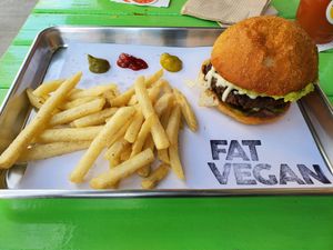 amazing burger and fries at Fat Vegan in Mexico City