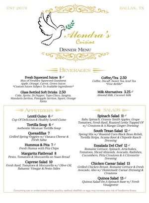 New Dinner Menu
Dinner 3pm-Close at Alondra's Cuisine in Garland