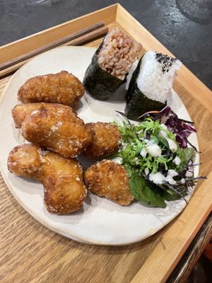 Vegan karage and onigiri lunch plate   at SOL in Hakuba