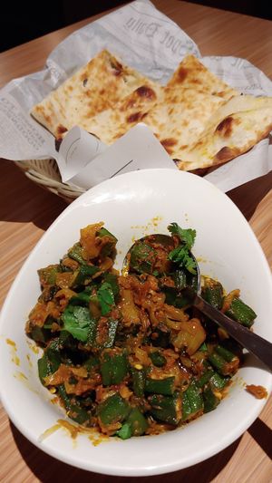 Bhindi masala and naan.  at Nandi's Flavours of India in Kamloops