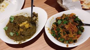 Aloo palak and bhindi masala.  at Nandi's Flavours of India in Kamloops