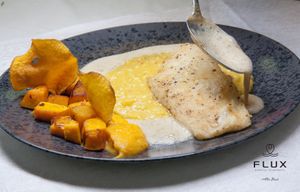Hake with pumpkin and mango risotto and white chocolate sauce at Flux in Hannoversch Munden