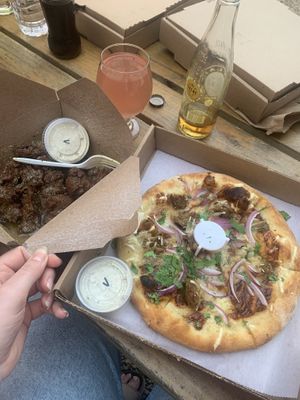 BBQ seitan pizza and seitan wings with garlic sauce and vegan ranch  at Spak Brothers in Pittsburgh
