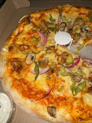 Vegan buffalo seitan pizza   at Spak Brothers in Pittsburgh