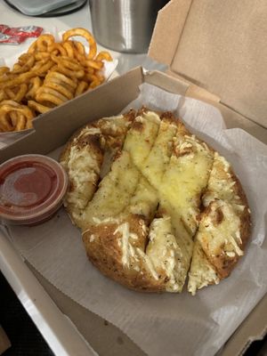 Vegan cheesy bread  and curly fries   at Spak Brothers in Pittsburgh