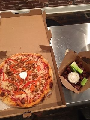 Pizza with veggie sausage and roasted red peppers. Barbecue "wings". at Spak Brothers in Pittsburgh