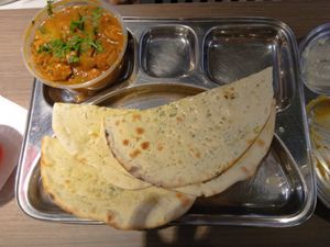 Vegan butter chicken(too salty) Added garlic naan(must let them know without butter) at Rathana Bhavan in North Singapore