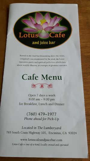 Cafe Menu at Lotus Cafe and Juice Bar in Encinitas