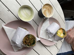 The tofu wrap, seitan and pesto wrap (delicious). Latte and match latte   at It's a Trap in Dublin