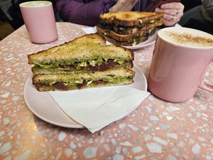 Caprese sandwich, mushroom & pesto sandwich, matcha latte, chai latte. at It's a Trap in Dublin