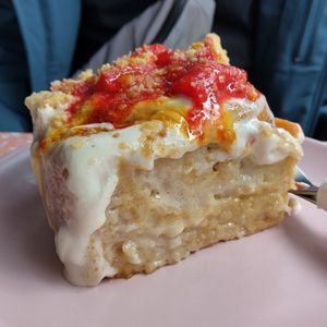 Cinnamon roll with salted strawberries at It's a Trap in Dublin