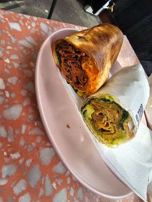 Delicious!! I got the pesto Seitan wrap (right) and my partner got the Korean BBQ wrap. Exceeded my expectations, matcha latte was delicious too! at It's a Trap in Dublin