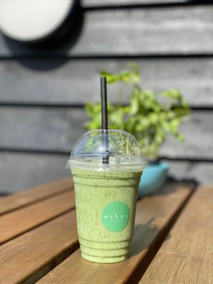 Ninja Turtle Smoothie - Organic kale, organic spinach, organic apples, organic banana, spirulina, organic hemp seeds, oat milk, lime. Contains gluten (Oats) at Ethos Brothers in Brentwood