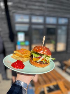 Classic Vegan Burger, polenta chips and Chilli Jam at Ethos Brothers in Brentwood