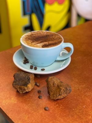 Chagaccino - Cappuccino with a shot of our Siberian Chaga mushroom home-brew  at Ethos Brothers in Brentwood