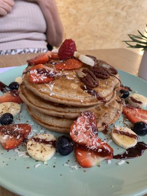 Wholewheat pancakes- so yummy, fluffy and lots of toppings! at Ethos Brothers in Brentwood