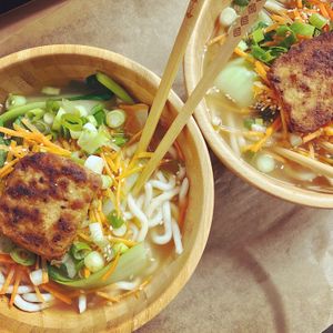 We offer a special meal from around the world, every Sunday for lunch. Here we have our Japanese Ramen with Shiitake Mushrooms, Pak Choi, Choi Sum, Chinese Leaf, and Marinated Tofu at Ethos Brothers in Brentwood