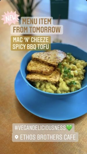 Vegan Mac’n’Cheese & Spicy BBQ Tofu  at Ethos Brothers in Brentwood