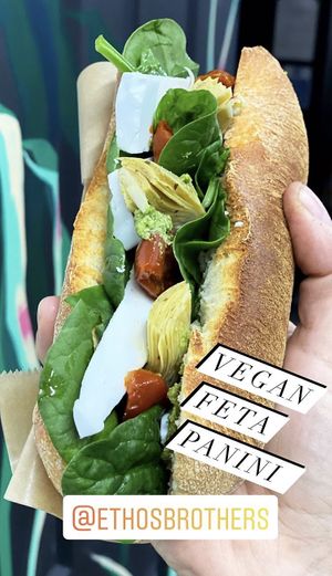 Vegan feta, artichoke, sundries tomato and spinach Panini at Ethos Brothers in Brentwood