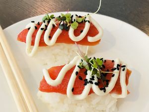 Ahhhhhi nigiri sushi - ahhhhhmazing! Yes, vegan! at Salt & Pepper Cafe in Honolulu