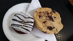 Bounty doughnut cake and chocolate chip cookie at The Naked Vegan in Cardiff