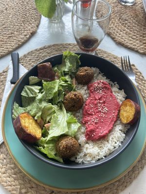 Vegan Bowl with Sweet Potato, Falafel and Hummus   at Casa Rio in Cocles